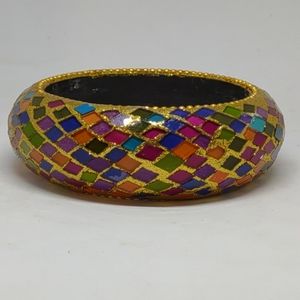 Heavy Multicolor Diamond Mirrored Mosaic 8 1/2" Bangle Bracelet Gold Beaded